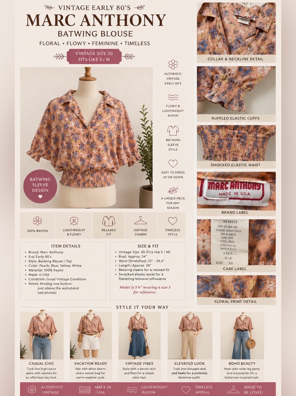 Marc Anthony Peach Floral Batwing Blouse